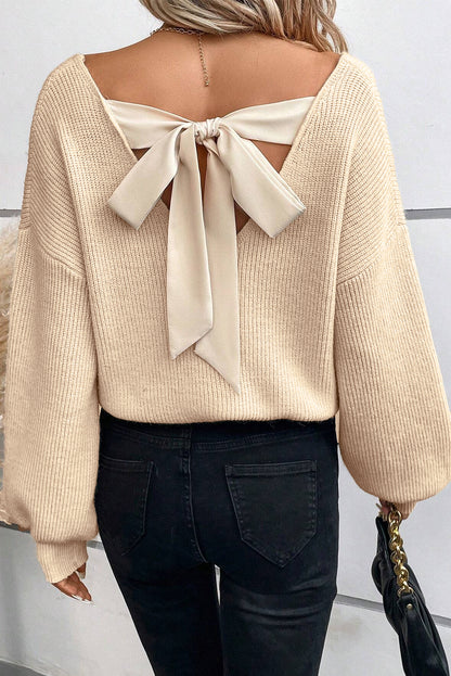 Apricot V-Neck Sweater with Ribbon Back - ALOE WINGS STORE