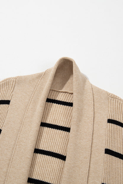 Black Striped Shawl Collar Open Cardigan with Pockets - ALOE WINGS STORE