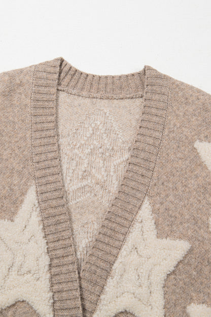 Khaki Sherpa Textured Cardigan with Star Pattern and Pockets - ALOE WINGS STORE