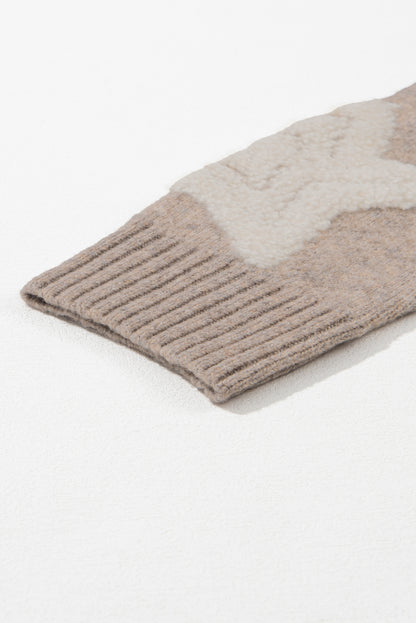 Khaki Sherpa Textured Cardigan with Star Pattern and Pockets - ALOE WINGS STORE