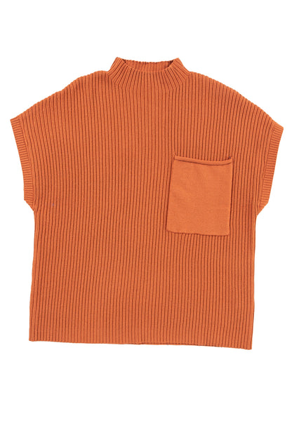Gold Flame Patch Pocket Ribbed Knit Short Sleeve Sweater - ALOE WINGS STORE