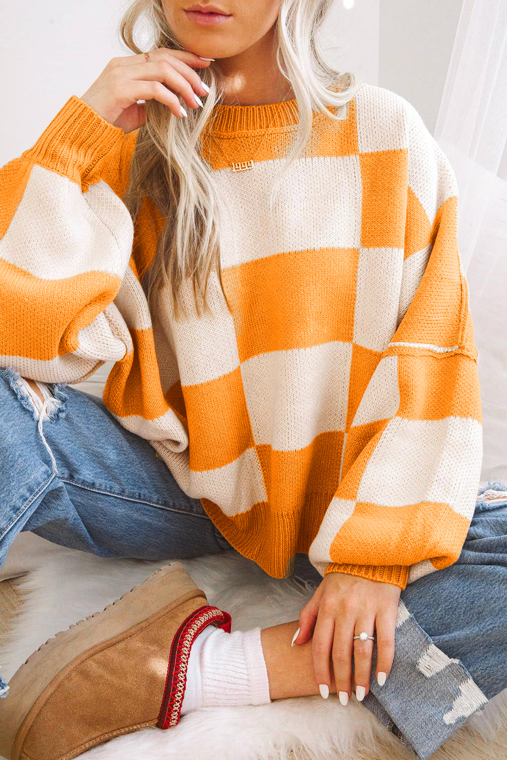 Orange Checkered Sweater with Bishop Sleeves - ALOE WINGS STORE
