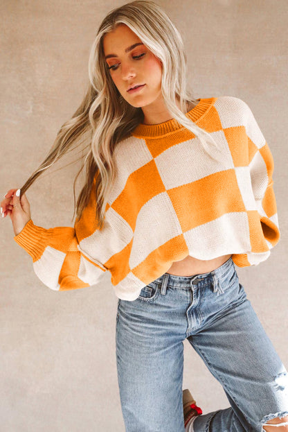 Orange Checkered Sweater with Bishop Sleeves - ALOE WINGS STORE