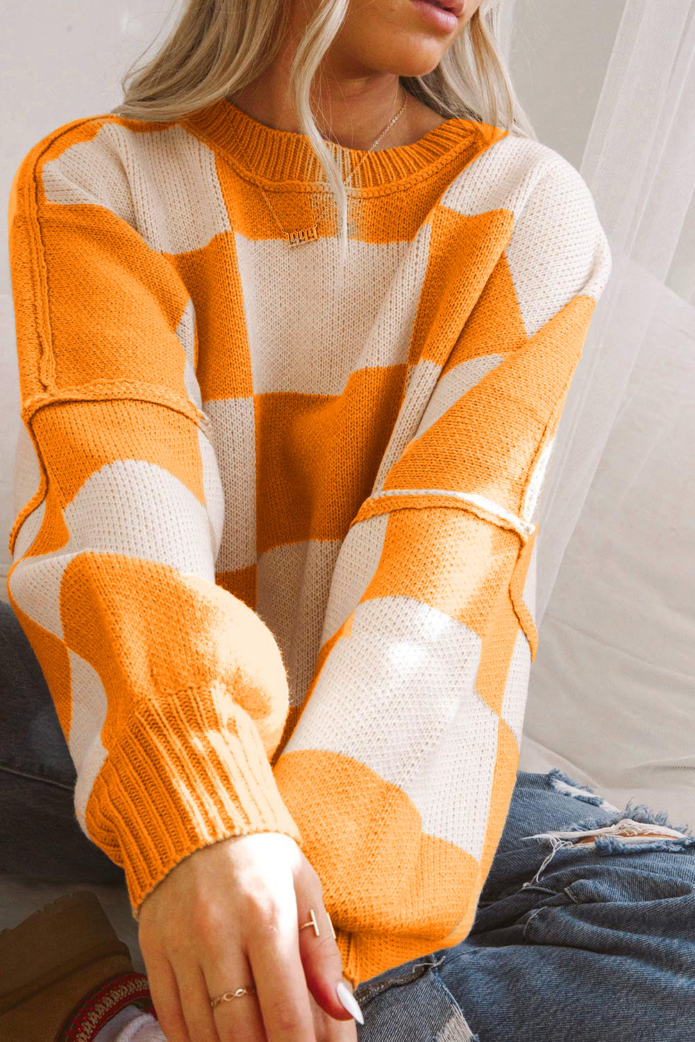 Orange Checkered Sweater with Bishop Sleeves - ALOE WINGS STORE
