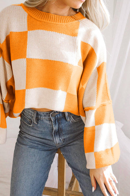Orange Checkered Sweater with Bishop Sleeves - ALOE WINGS STORE