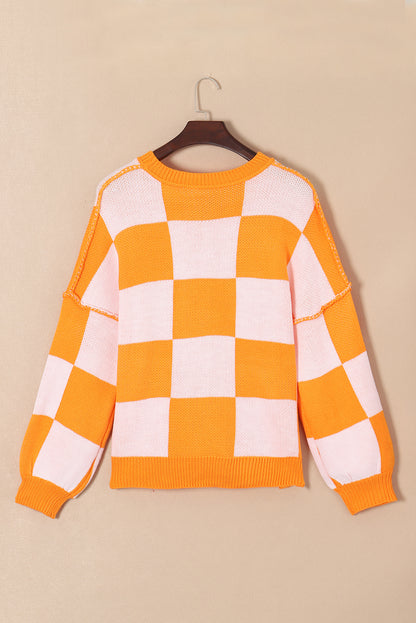 Orange Checkered Sweater with Bishop Sleeves - ALOE WINGS STORE