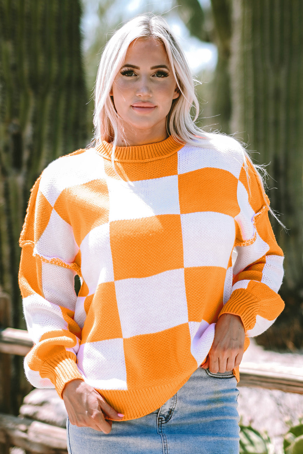 Orange Checkered Sweater with Bishop Sleeves - ALOE WINGS STORE
