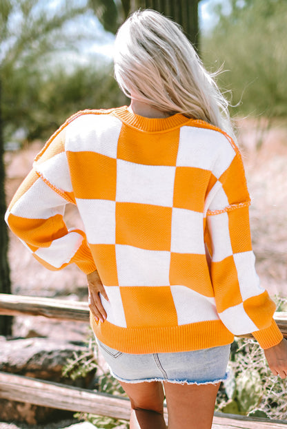 Orange Checkered Sweater with Bishop Sleeves - ALOE WINGS STORE