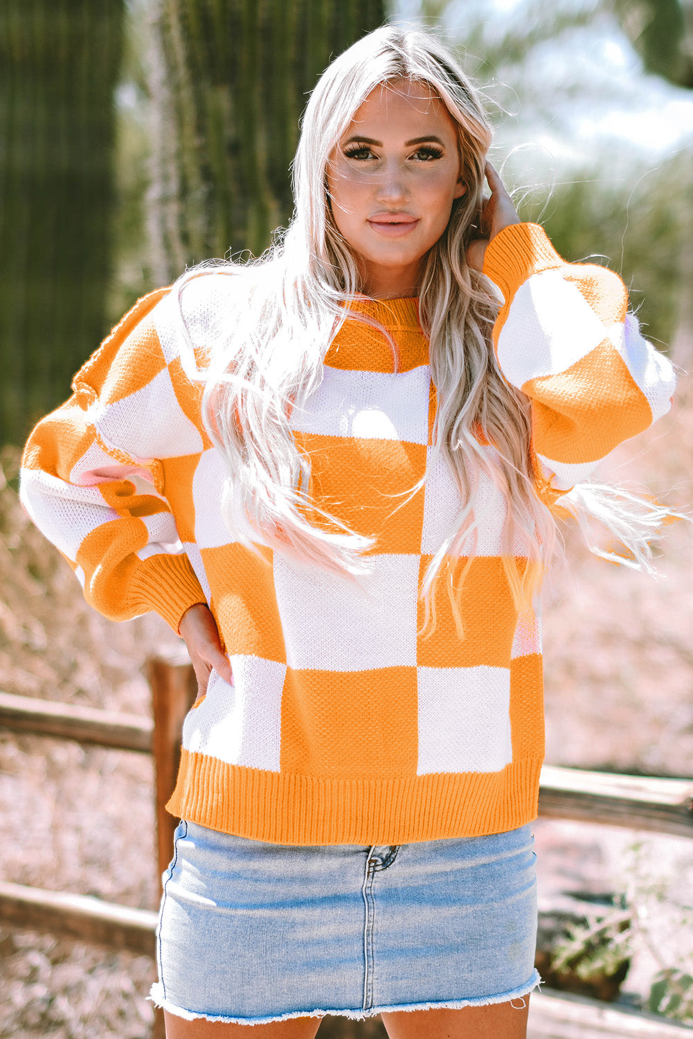 Orange Checkered Sweater with Bishop Sleeves - ALOE WINGS STORE
