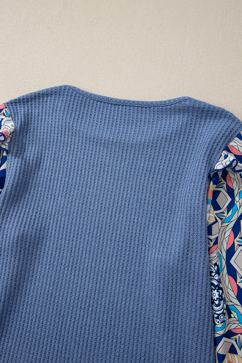 Blue O-Neck Waffle Knit Blouse with Floral Sleeves and Ruffles - ALOE WINGS STORE