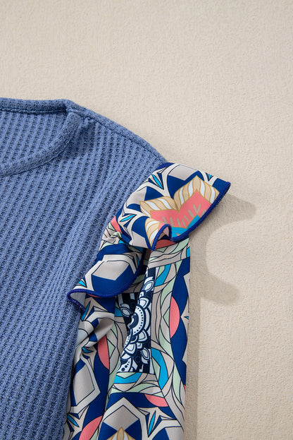 Blue O-Neck Waffle Knit Blouse with Floral Sleeves and Ruffles - ALOE WINGS STORE
