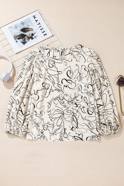 Beige Crew Neck Blouse with Abstract Print and Balloon Sleeves - ALOE WINGS STORE