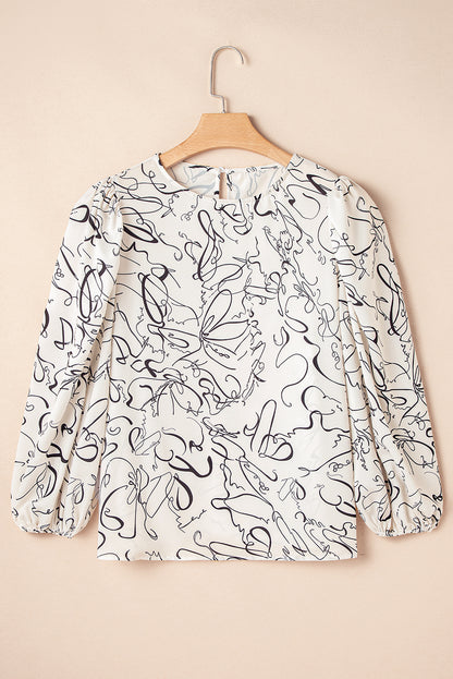 Beige Crew Neck Blouse with Abstract Print and Balloon Sleeves - ALOE WINGS STORE