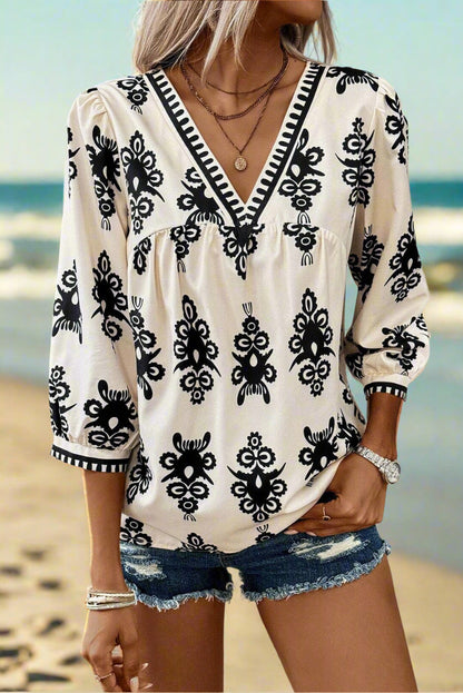 Vintage-Inspired Geometric 3/4 Sleeve Blouse - ALOE WINGS STORE
