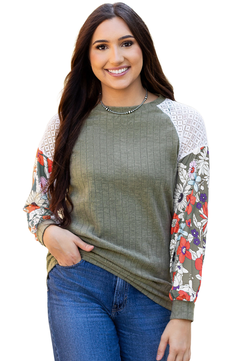 Floral Laurel Green Patchwork Ribbed Long Sleeve Top - ALOE WINGS STORE