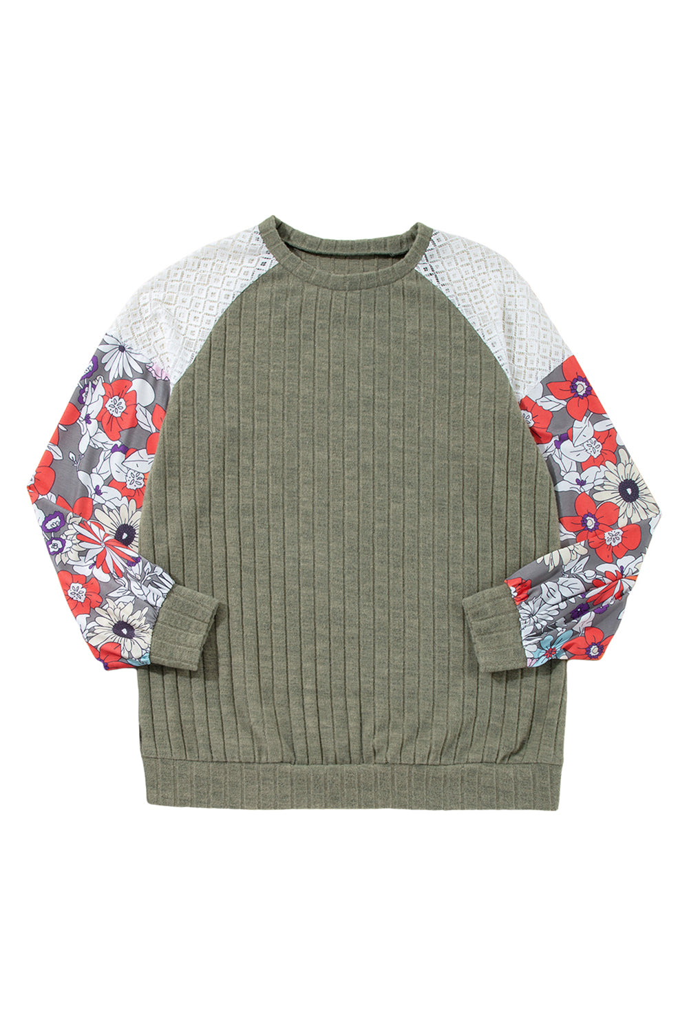 Floral Laurel Green Patchwork Ribbed Long Sleeve Top - ALOE WINGS STORE