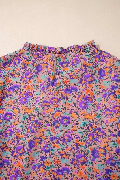 Purple Floral Print Frilled O-Neck Blouse with Shirred Cuffs - ALOE WINGS STORE