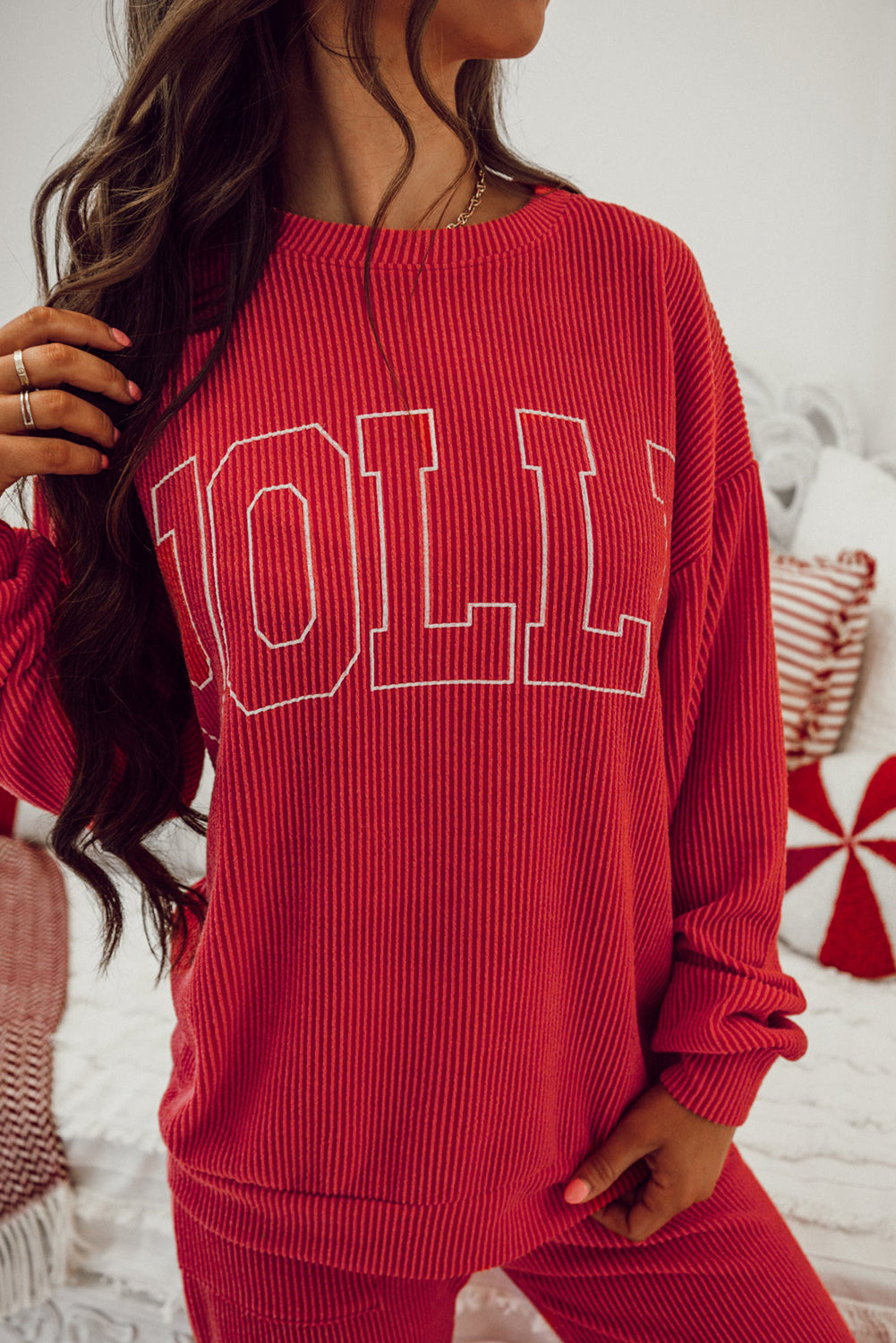 Fiery Red JOLLY Corded Long Sleeve Top and Pockets Pants Set - ALOE WINGS STORE