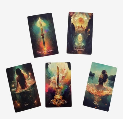 Lune De L’Univers tarot cards deck featuring 78 AI-created cards with colorful mystical and ethereal illustrations and a guidebook.