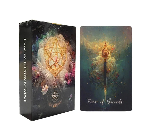 Lune De L’Univers Tarot Cards Deck with box and Four of Swords card featuring mystical artwork