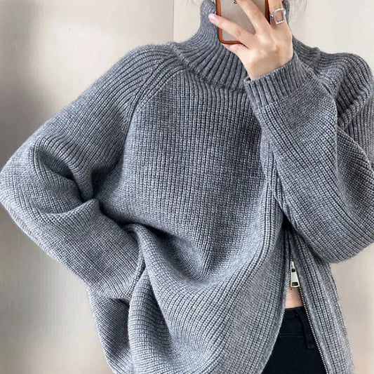 Zipper Solid Colour High-End Knitted Sweater - Loose Long-Sleeve Warm Outerwear Top for Fashion - ALOE WINGS STORE