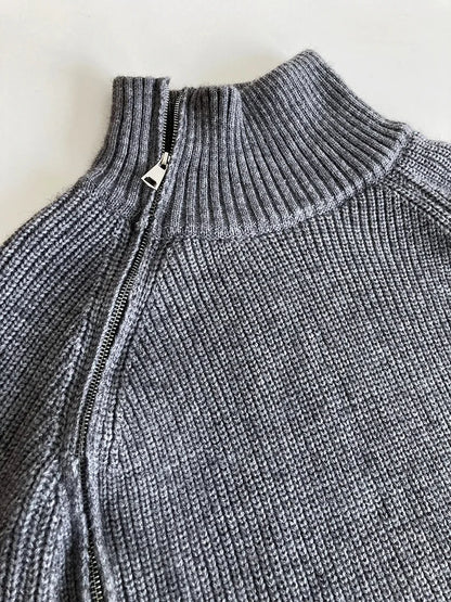 Zipper Solid Colour High-End Knitted Sweater - Loose Long-Sleeve Warm Outerwear Top for Fashion - ALOE WINGS STORE