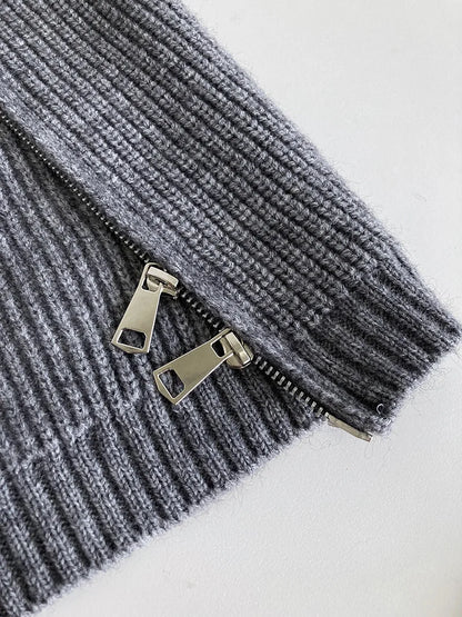 Zipper Solid Colour High-End Knitted Sweater - Loose Long-Sleeve Warm Outerwear Top for Fashion - ALOE WINGS STORE