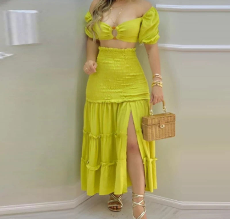 Women's Charming Floral Print Two-Piece Set: O-Neck Crop Top with Shirring and High-Waisted Slit Maxi Skirt [SELECTION] - ALOE WINGS STORE