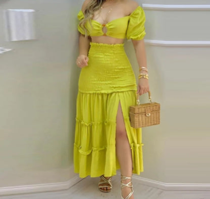 Women's Charming Floral Print Two-Piece Set: O-Neck Crop Top with Shirring and High-Waisted Slit Maxi Skirt [SELECTION] - ALOE WINGS STORE