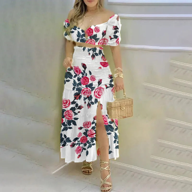 Women's Charming Floral Print Two-Piece Set: O-Neck Crop Top with Shirring and High-Waisted Slit Maxi Skirt [SELECTION] - ALOE WINGS STORE