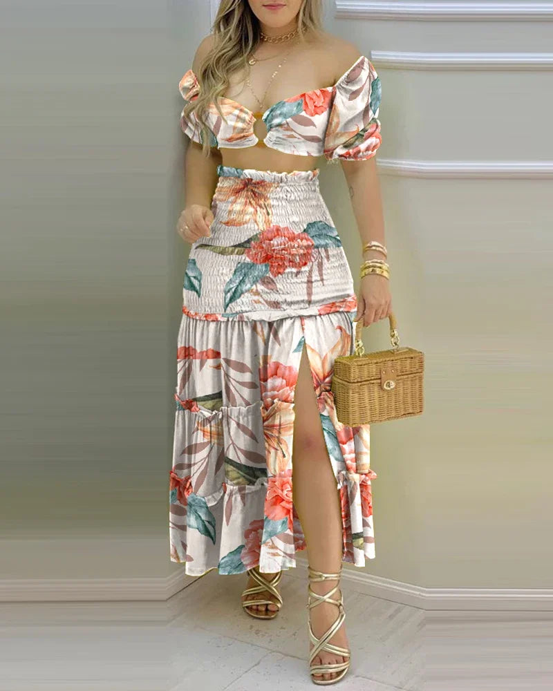 Women's Charming Floral Print Two-Piece Set: O-Neck Crop Top with Shirring and High-Waisted Slit Maxi Skirt [SELECTION] - ALOE WINGS STORE