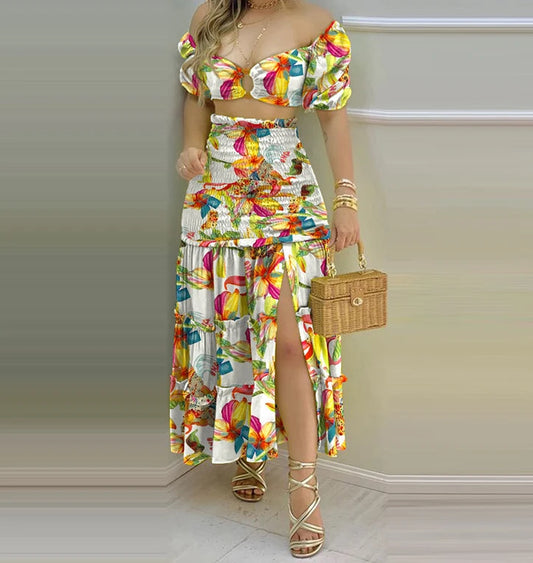 Women's Charming Floral Print Two-Piece Set: O-Neck Crop Top with Shirring and High-Waisted Slit Maxi Skirt [SELECTION] - ALOE WINGS STORE