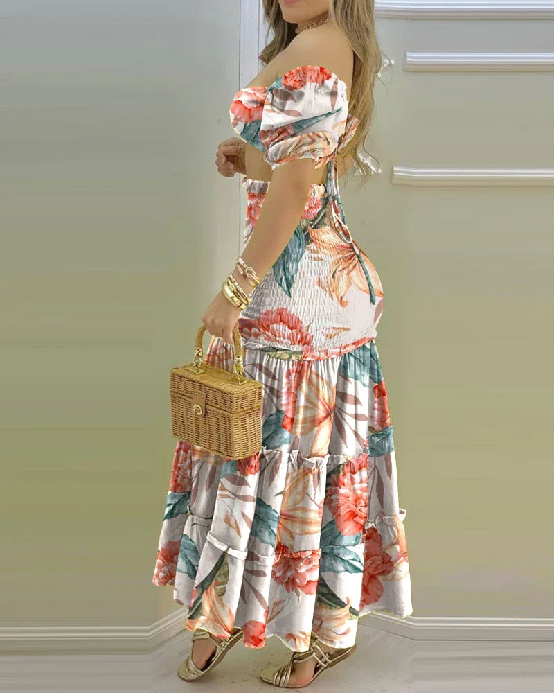 Women's Charming Floral Print Two-Piece Set: O-Neck Crop Top with Shirring and High-Waisted Slit Maxi Skirt [SELECTION] - ALOE WINGS STORE