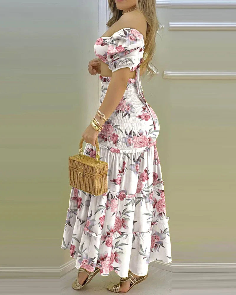 Women's Charming Floral Print Two-Piece Set: O-Neck Crop Top with Shirring and High-Waisted Slit Maxi Skirt [SELECTION] - ALOE WINGS STORE