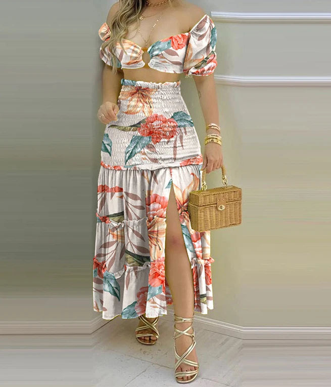 Women's Charming Floral Print Two-Piece Set: O-Neck Crop Top with Shirring and High-Waisted Slit Maxi Skirt [SELECTION] - ALOE WINGS STORE
