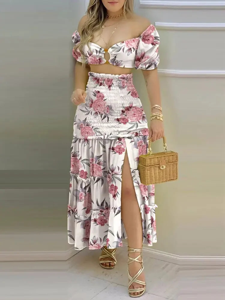 Women's Charming Floral Print Two-Piece Set: O-Neck Crop Top with Shirring and High-Waisted Slit Maxi Skirt [SELECTION] - ALOE WINGS STORE