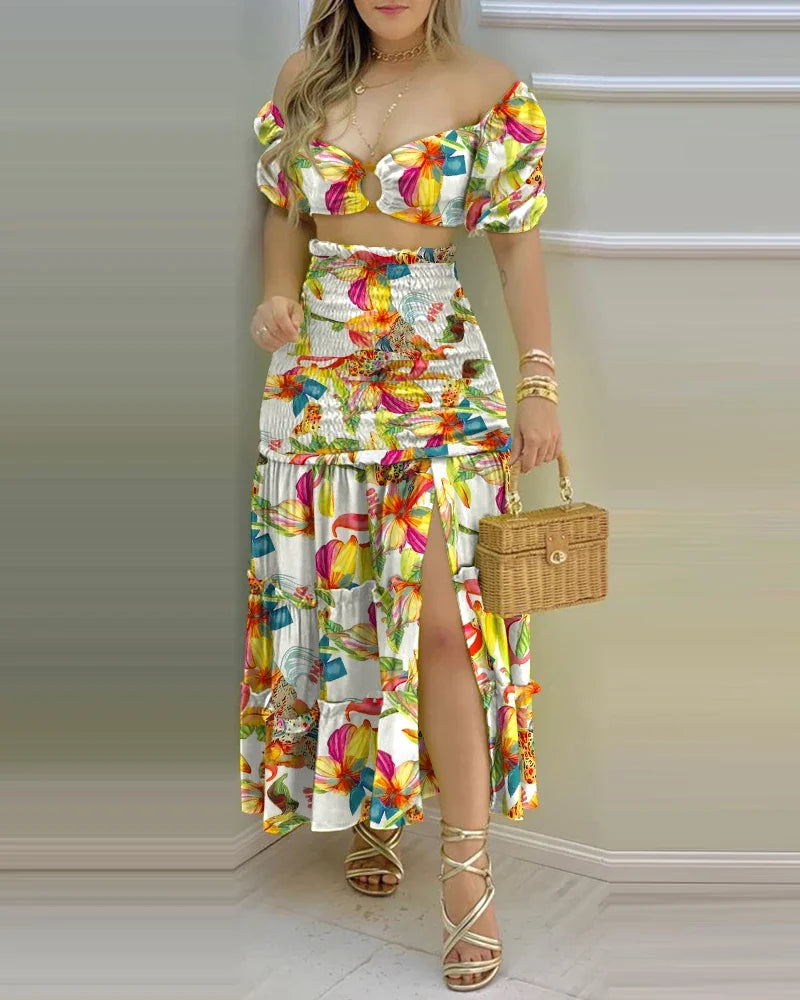 Women's Charming Floral Print Two-Piece Set: O-Neck Crop Top with Shirring and High-Waisted Slit Maxi Skirt [SELECTION] - ALOE WINGS STORE