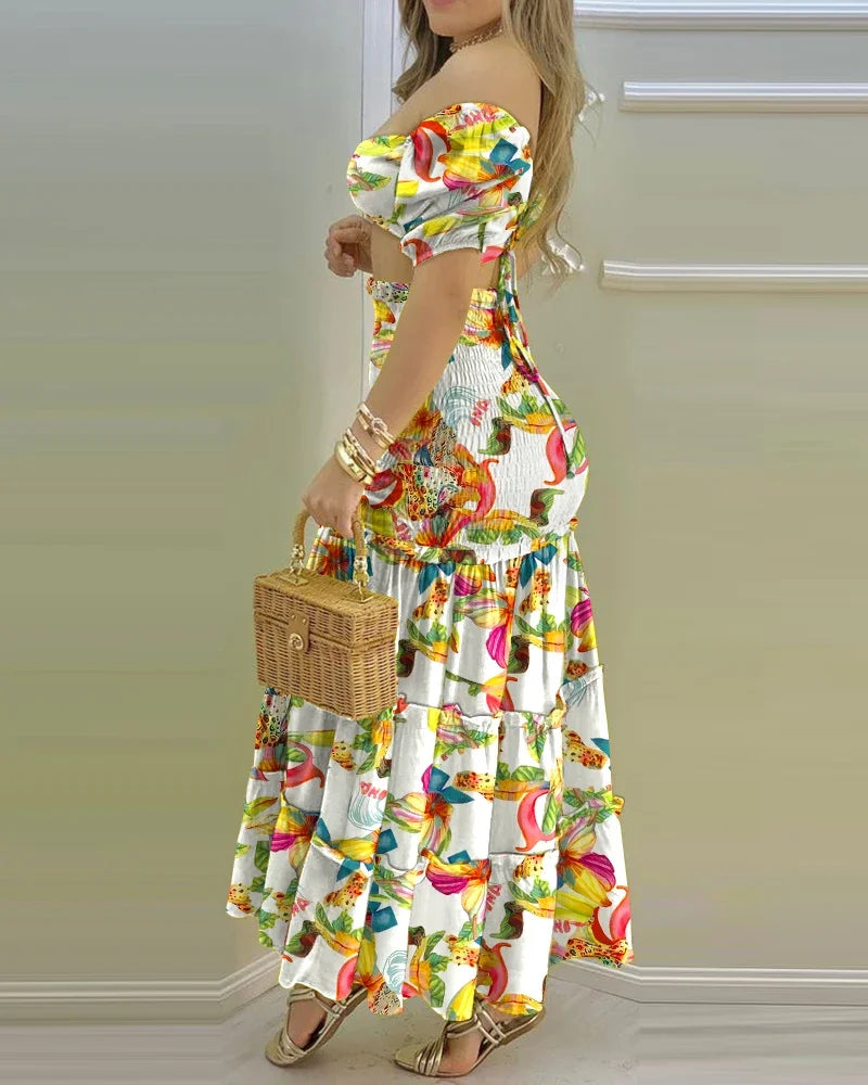 Women's Charming Floral Print Two-Piece Set: O-Neck Crop Top with Shirring and High-Waisted Slit Maxi Skirt [SELECTION] - ALOE WINGS STORE