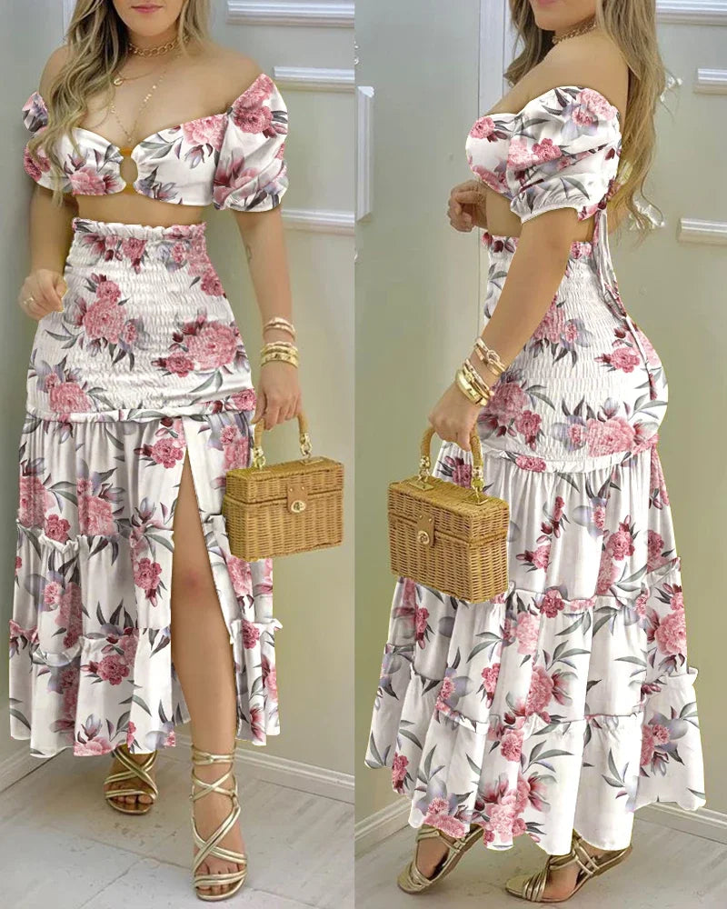 Women's Charming Floral Print Two-Piece Set: O-Neck Crop Top with Shirring and High-Waisted Slit Maxi Skirt [SELECTION] - ALOE WINGS STORE