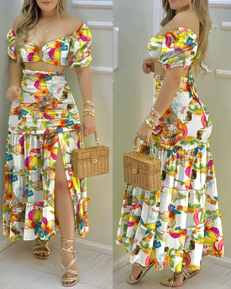 Women's Charming Floral Print Two-Piece Set: O-Neck Crop Top with Shirring and High-Waisted Slit Maxi Skirt [SELECTION] - ALOE WINGS STORE