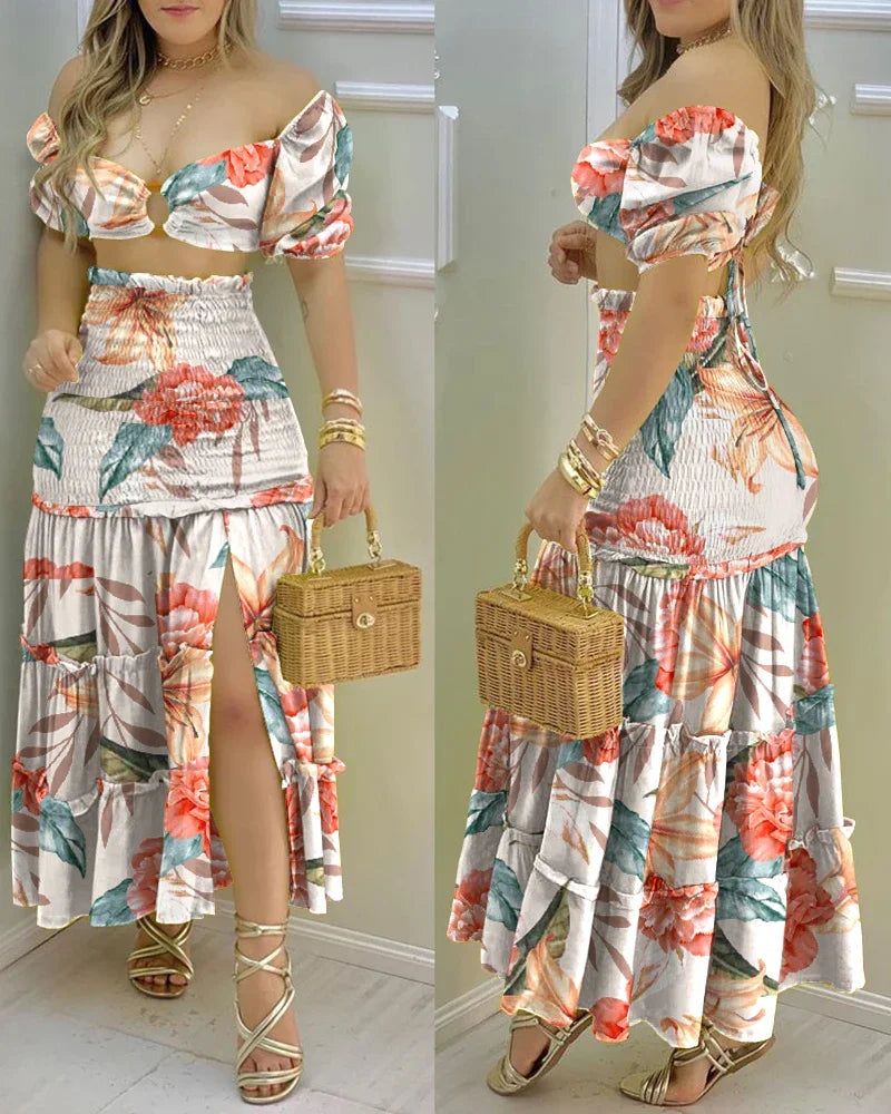 Women's Charming Floral Print Two-Piece Set: O-Neck Crop Top with Shirring and High-Waisted Slit Maxi Skirt [SELECTION] - ALOE WINGS STORE