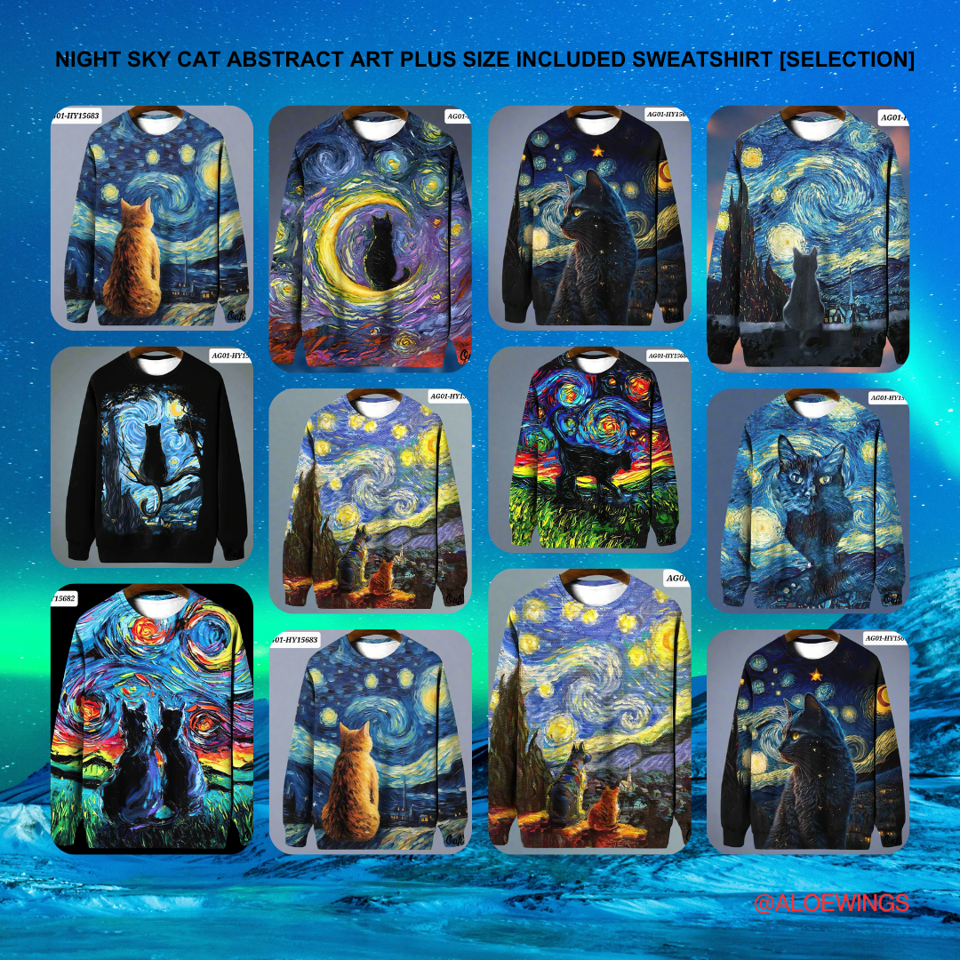 Night Sky Cat Abstract Art Plus Size Included Sweatshirt [SELECTION] - ALOE WINGS STORE