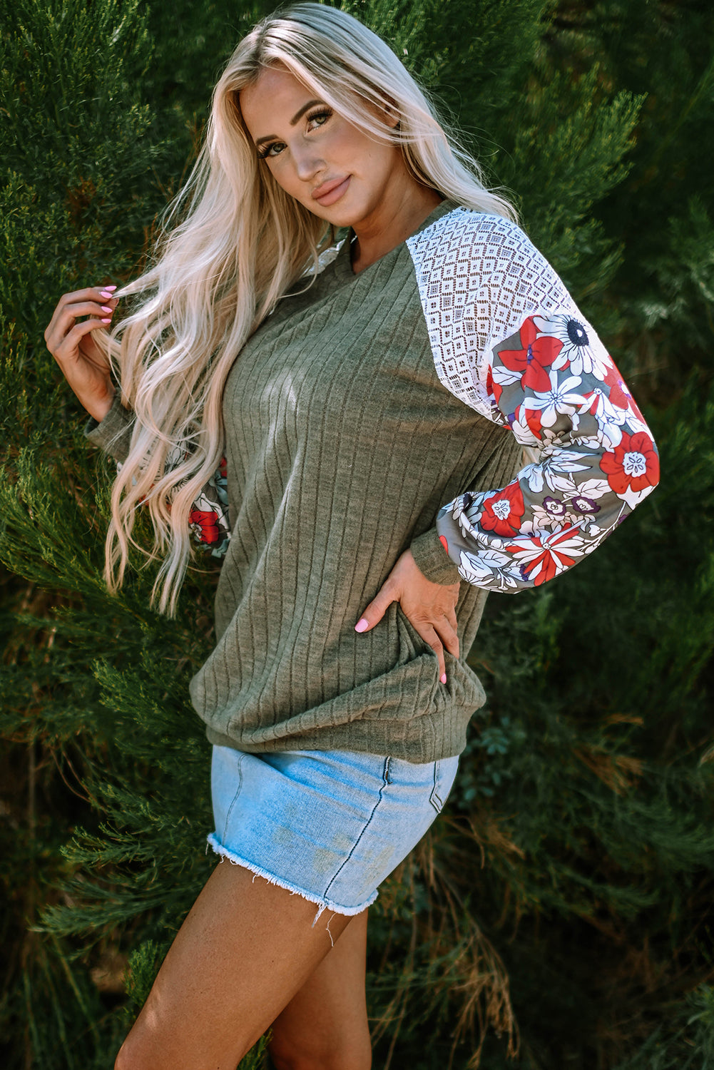 Floral Laurel Green Patchwork Ribbed Long Sleeve Top - ALOE WINGS STORE