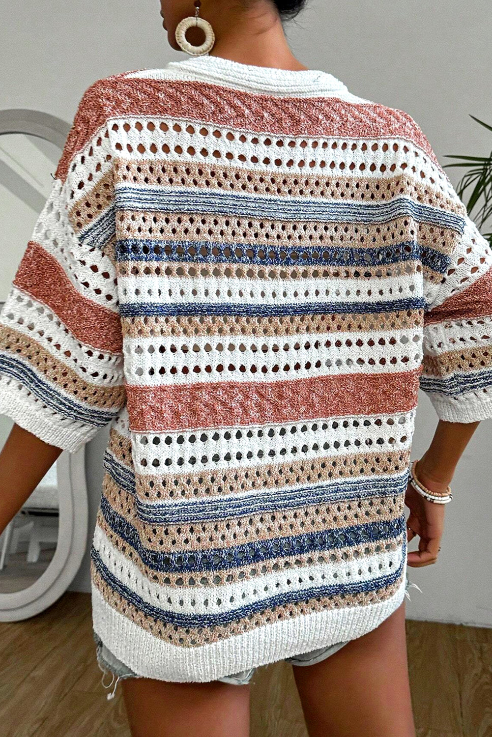 Half Sleeve Multicolour Striped Sweater with Cutouts - ALOE WINGS STORE