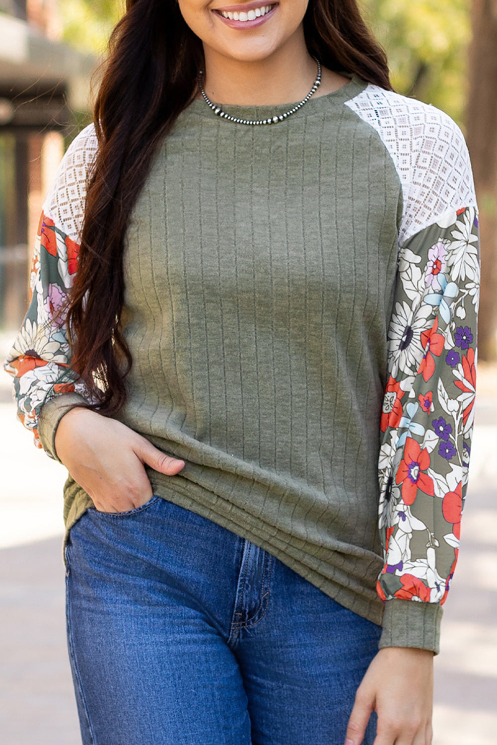 Floral Laurel Green Patchwork Ribbed Long Sleeve Top - ALOE WINGS STORE