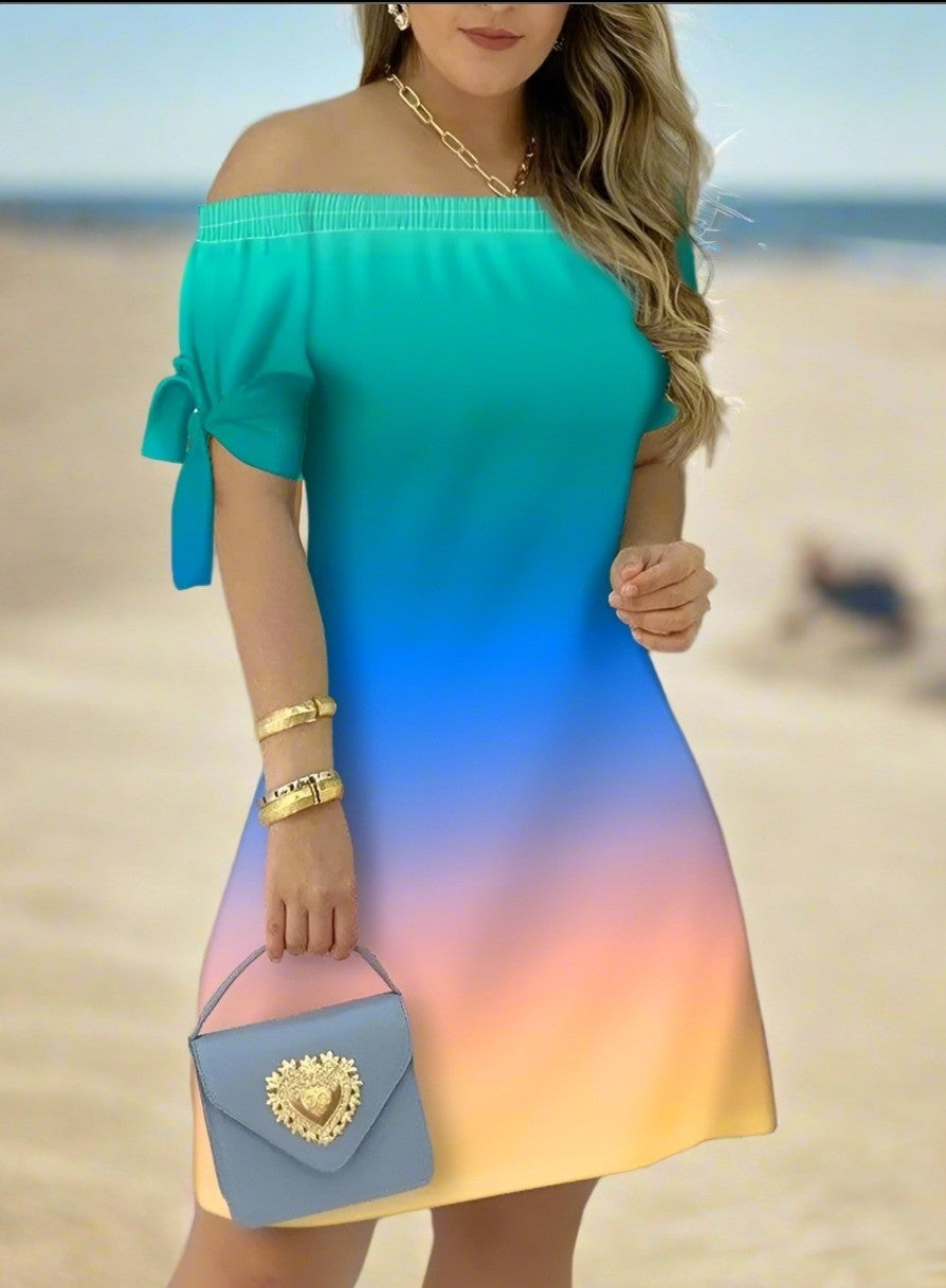 Women's Off-Shoulder Mini Dress – Casual Summer Short Sleeve Dress with Bow Detail | Elegant Relaxed Fit Party Outfit (Sizes up to 3XL)