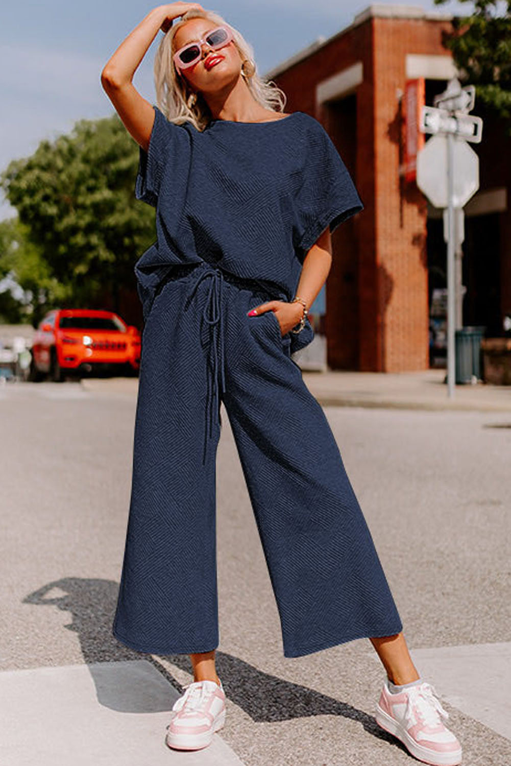 Navy Blue Textured Loose-Fit T-Shirt and Drawstring Pants Lounge Set - ALOE WINGS STORE