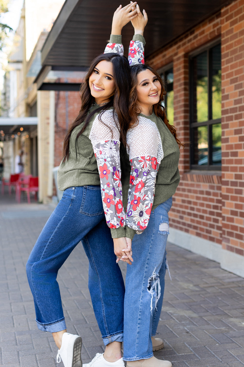 Floral Laurel Green Patchwork Ribbed Long Sleeve Top - ALOE WINGS STORE