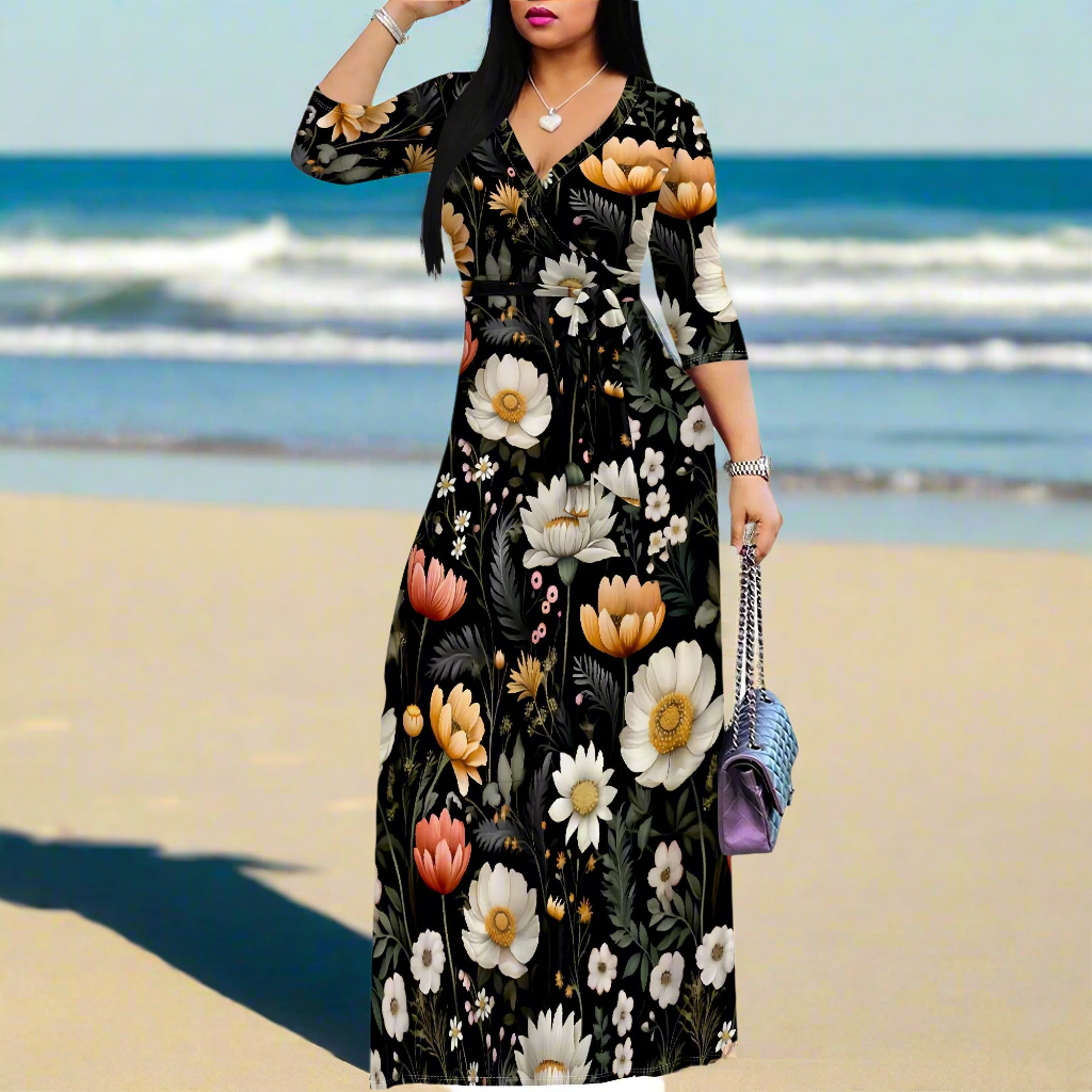 Flowery Patterns Wrap Maxi Dress | 3/4 Sleeves Fashion Dress