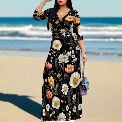 Flowery Patterns Wrap Maxi Dress | 3/4 Sleeves Fashion Dress